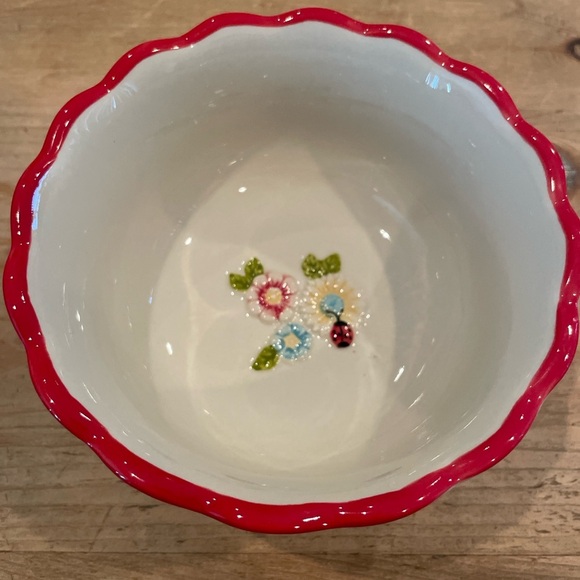 NWOT Set of 2 Temp-tations Red White Floral Gingham ladybug scalloped bowls 24oz - Picture 8 of 9